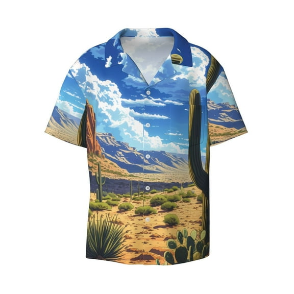 Ratiio Western Desert Cactus Print Mens Casual Short Sleeve Shirts Button Down Textured Shirts Summer Beach Shirt with Pocket Men's Casual Short-sleeved Shirt