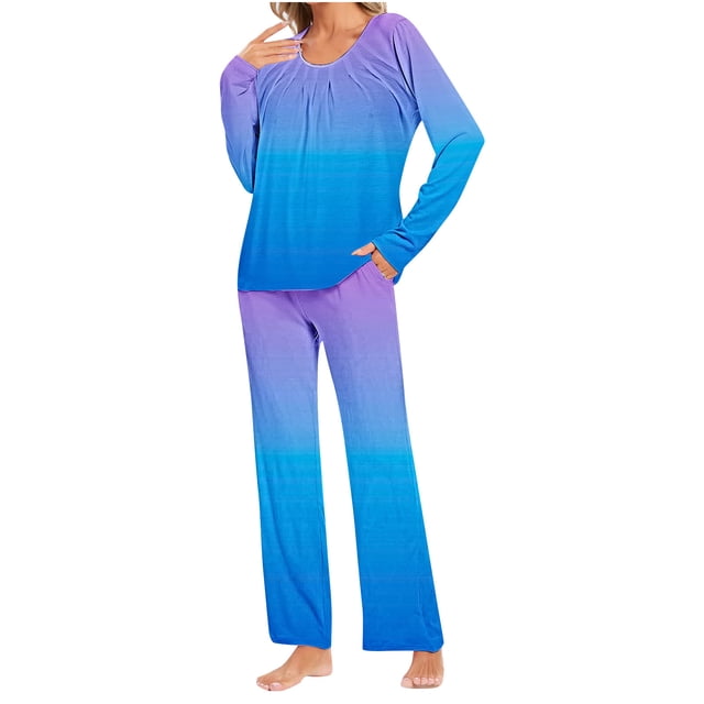 Timegard Ensembles 2 Pcs pour Femmes Haut à Manches Longues Froncé Pantalon Pyjamas Dégradés Tenues Vêtements d'Intérieur
