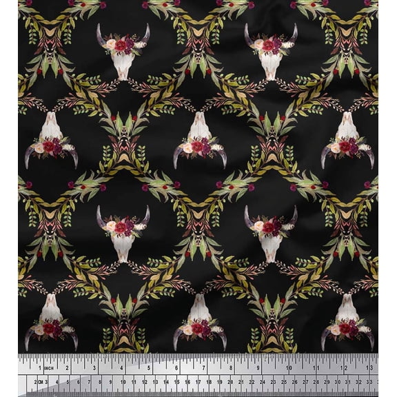 Soimoi Black Cotton Duck Fabric Floral & Cow Skull Head Damask Print Fabric by Yard 42 Inch Wide