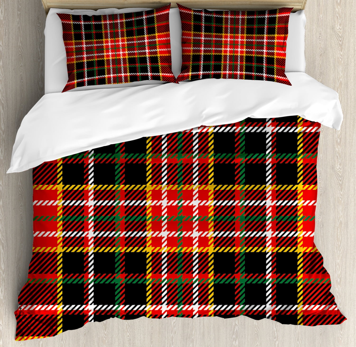 Plaid Duvet Cover Set King Size, Vertical and Horizontal Lines Tartan