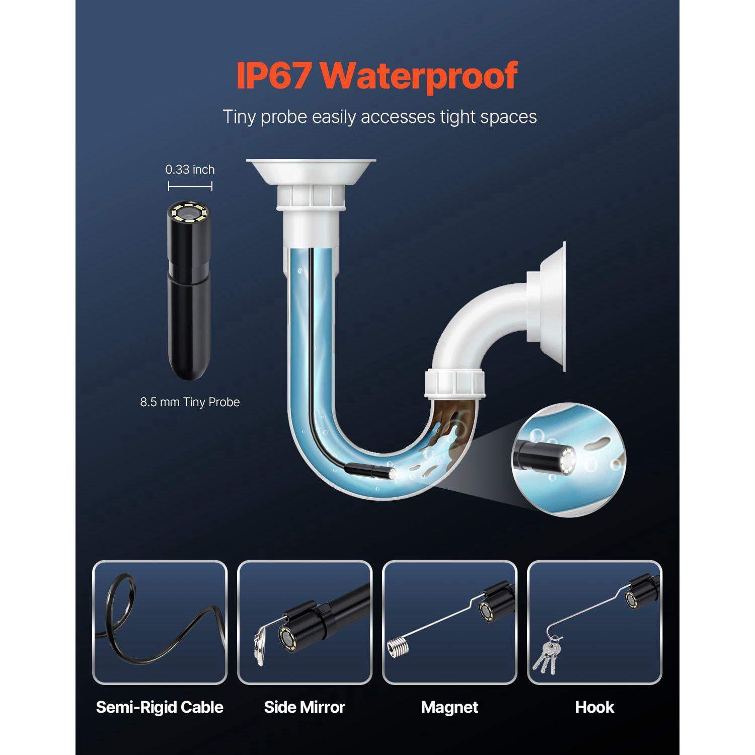 Endoscope Camera 1920P HD Borescope with 8 LED Lights 16.4FT Semi Rigid Cable 2X Zoom IP67 Waterproof for Android iOS Auto Plumbing Inspection
