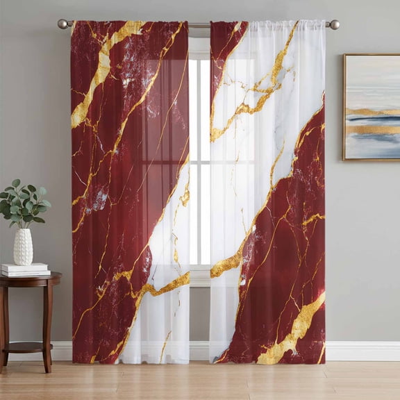 Red Marble Sheer Curtains 84 Inch Length 2 Panels Set, Luxury Gold White Abstract Cracks Artwork Voile Window Treatment Rod Pocket Curtains Sheers Drapes for Bedroom/Living Room/Kitchen 52"x84"x2