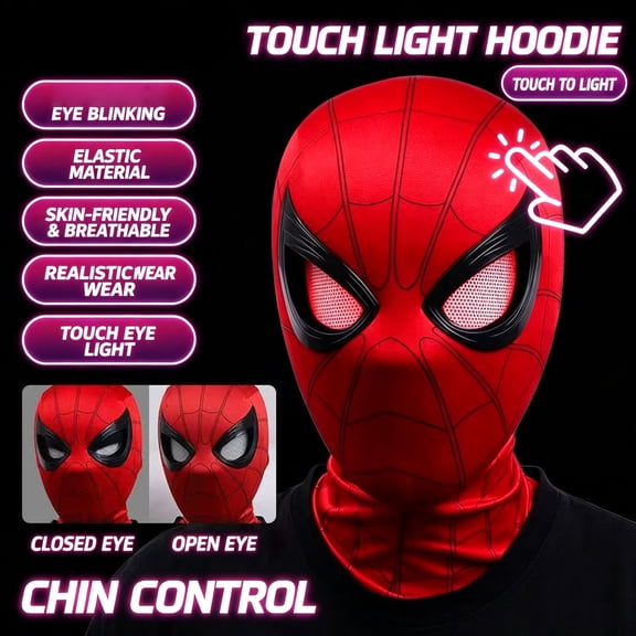 Moonsky Breathable Elastic Spider Hero Cosplay Mask – Chin-Controlled Movable Eyes with Touch Light for Halloween Party