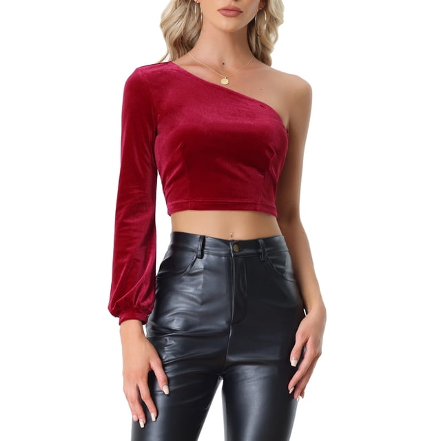 INSPIRE CHIC Hauts Courts à une Épaule à Manches Longues en Velours pour Femmes Rouge Vin P