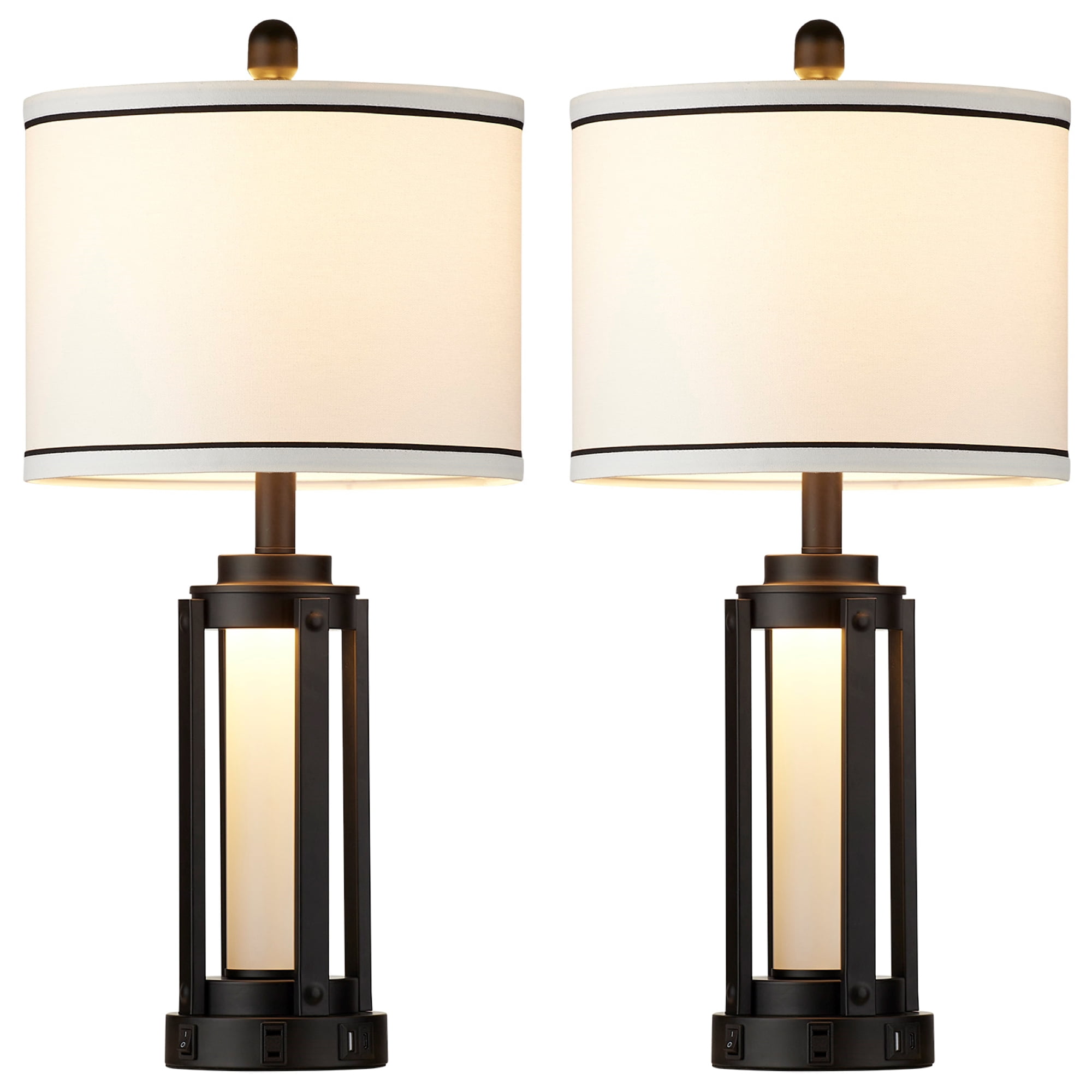Cinkeda 25.5" Table Lamp Set of 2, Black Metal with Frosted Glass Column, USB-A and Type-C Ports with AC Outlet, Nightlight Function, Rotary Switch, E26 LED Bulb Included for Bedroom Living Room