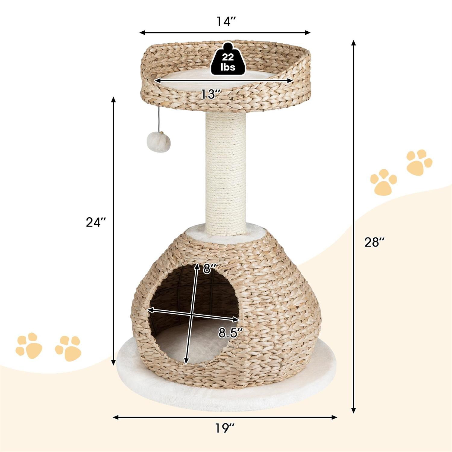 Pefilos 28" Hand-Made Cat Tree, Jump Platform & Sisal Scratching Post, Cat House & Rattan Weave, White