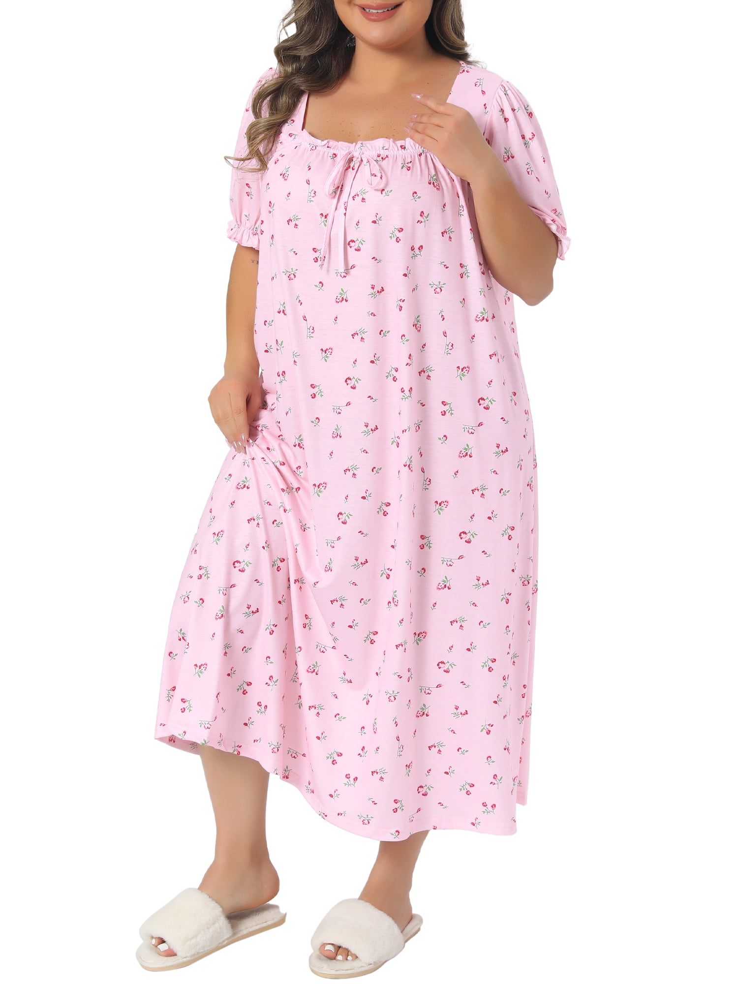 DARING DIVA Women's Plus Soft Crew Neck Cute Cherry Ruffle Nightgown 1X Pink