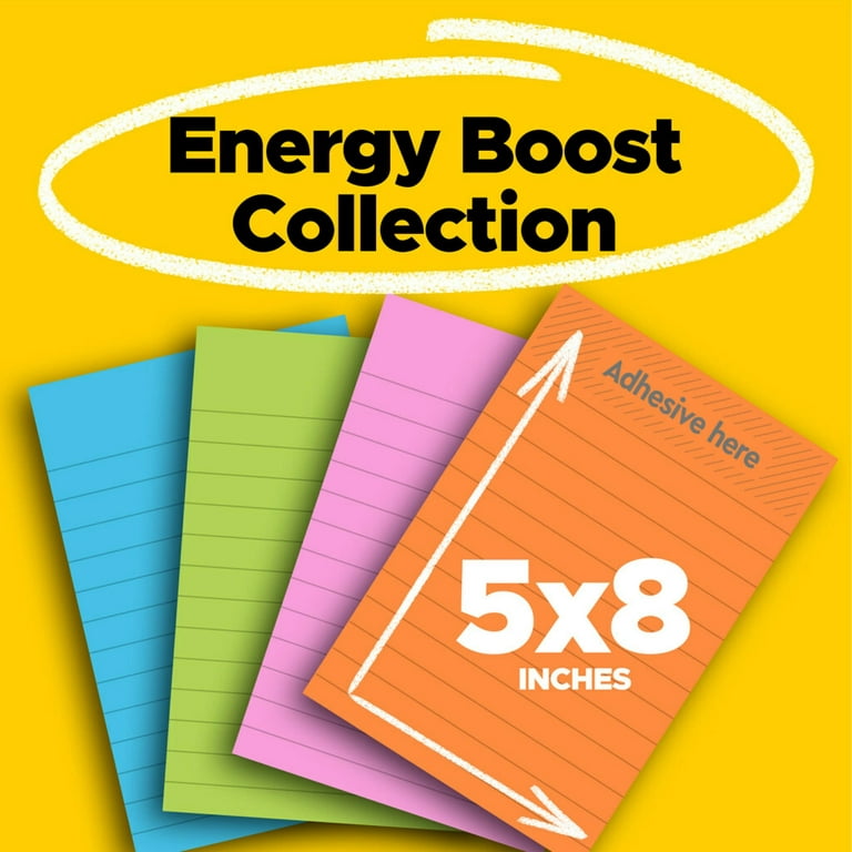 Post-it Super Sticky Lined Notes, Energy Boost Collection, 5 in. x 8 in.,  45 Sheets, 4 Pads 
