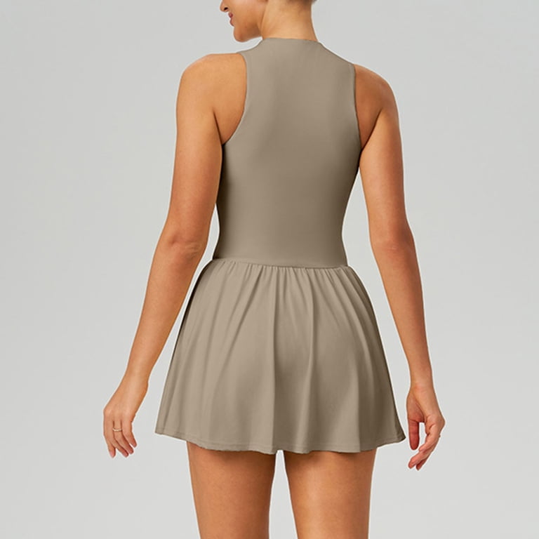 Summer Mini Dresses for Women Tank Casual Dresses Two Piece Outdoor Dress Zipper Running Skirt Detachable Padding Active Boho Dress with Pockets Khaki S-XL