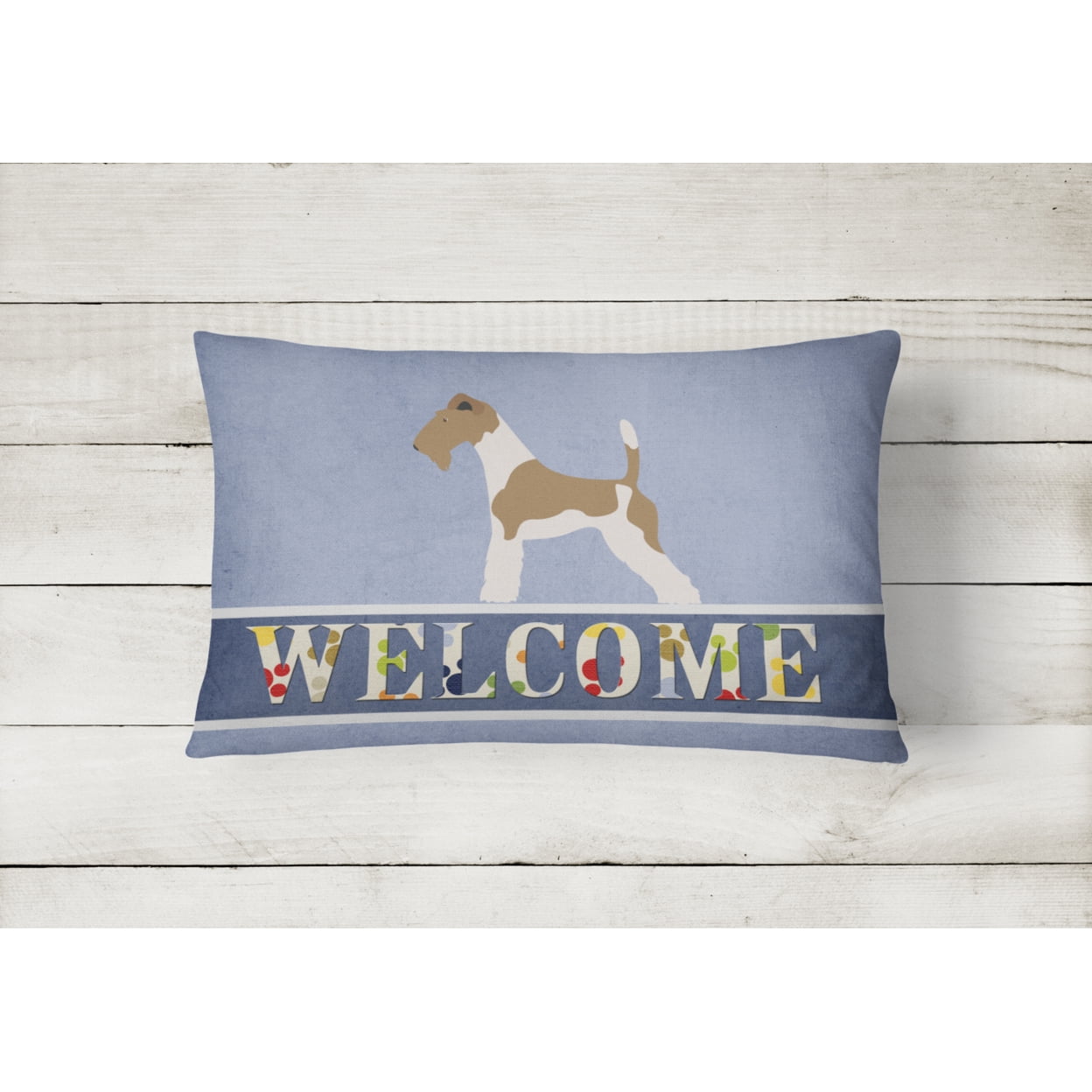 Carolines Treasures BB8284PW1216 Wire Fox Terrier Welcome Canvas Fabric Decorative Pillow, Blue, 12H x16W, multicolor