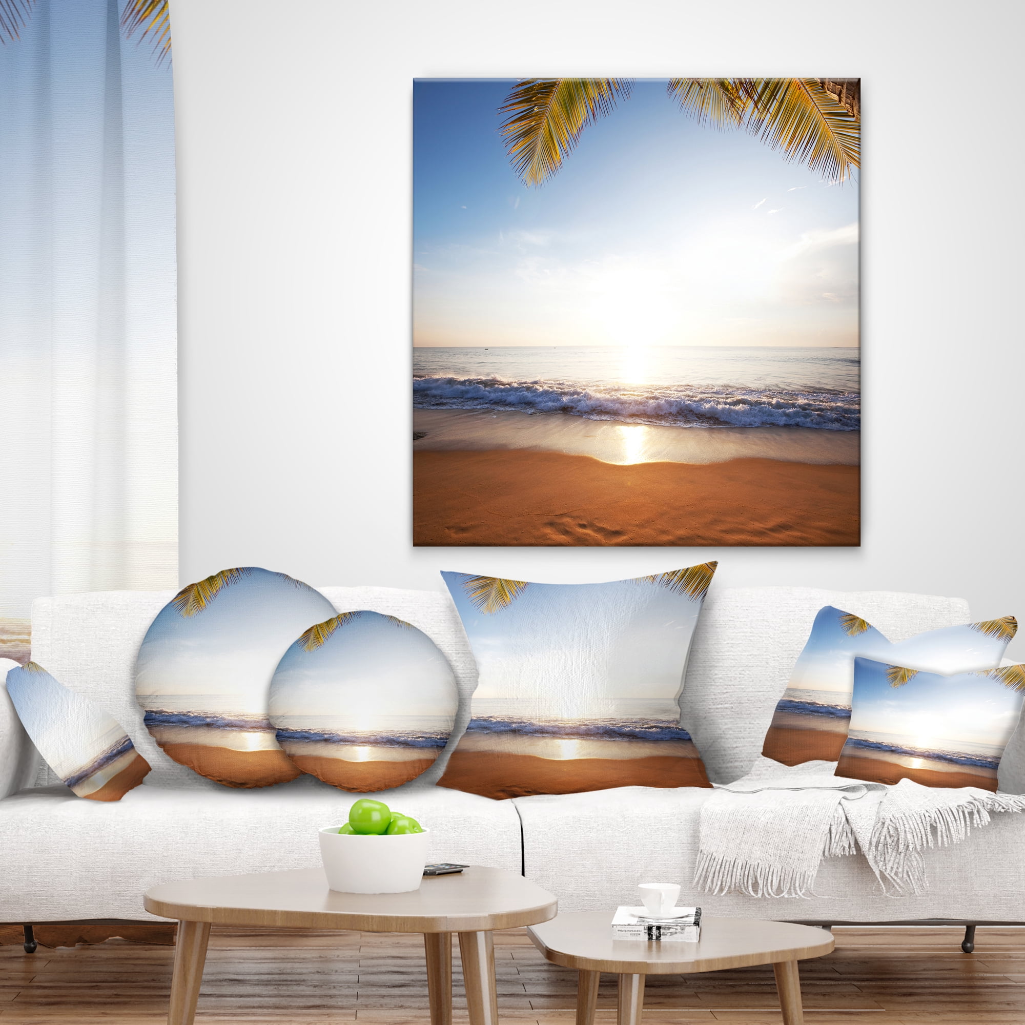 Designart Deserted Beach with Palm Leaves - Seashore Throw Pillow - 16x16
