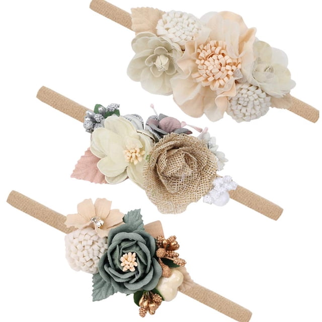 Diadema de nailon floral para bebé niña Diadema elástica Lazo hecho a mano Bebé recién nacido Paquete de 3 piezas$ Juego de diadema de flores para niña-Corolla de 3 piezas