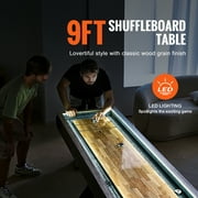 KFFKFF Shuffleboard and Bowling Table, 9 ft with LED Illumination for Home Entertainment, Dual-Use Game Set, Durable Surface, Sturdy Legs, Includes 8 Pucks, Bowling Pins, Wax, and Brush