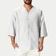 thumbnail image 1 of Blusas y camisas de manga corta y cuello redondo para hombre, blusas casuales de moda para hombre, de color liso, con botones, cuello redondo y manga tres cuartos., 1 of 8