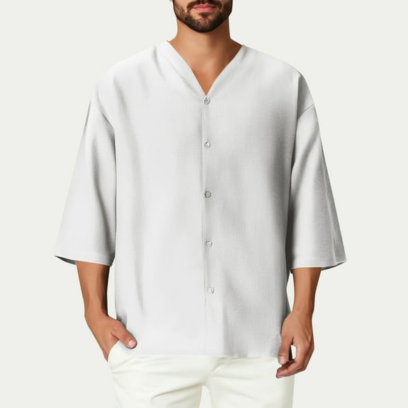 lmcalzta Mens T-Shirts 3/4 Sleeve Loose Fitted Cotton Linen Lightweight Summer Tshirts Solid Color,M-4XL