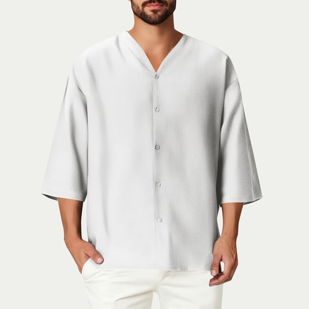 Blusas y camisas de manga corta y cuello redondo para hombre, blusas casuales de moda para hombre, de color liso, con botones, cuello redondo y manga tres cuartos.