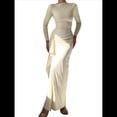 thumbnail image 1 of Vestido Midi Asimétrico con Abertura Irregular, Cuello Redondo, Larga y Cintura Fruncida para Mujer, Color Liso Albaricoque M, 1 of 7