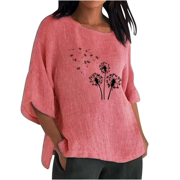 YUGYXL Fashion Three Quarter Sleeve Tshirts for Women Casual Dandelion Printed Loose Blouse Summer Side Split Tees Ladies Crew Neck Comfy Top Vacation Shirt