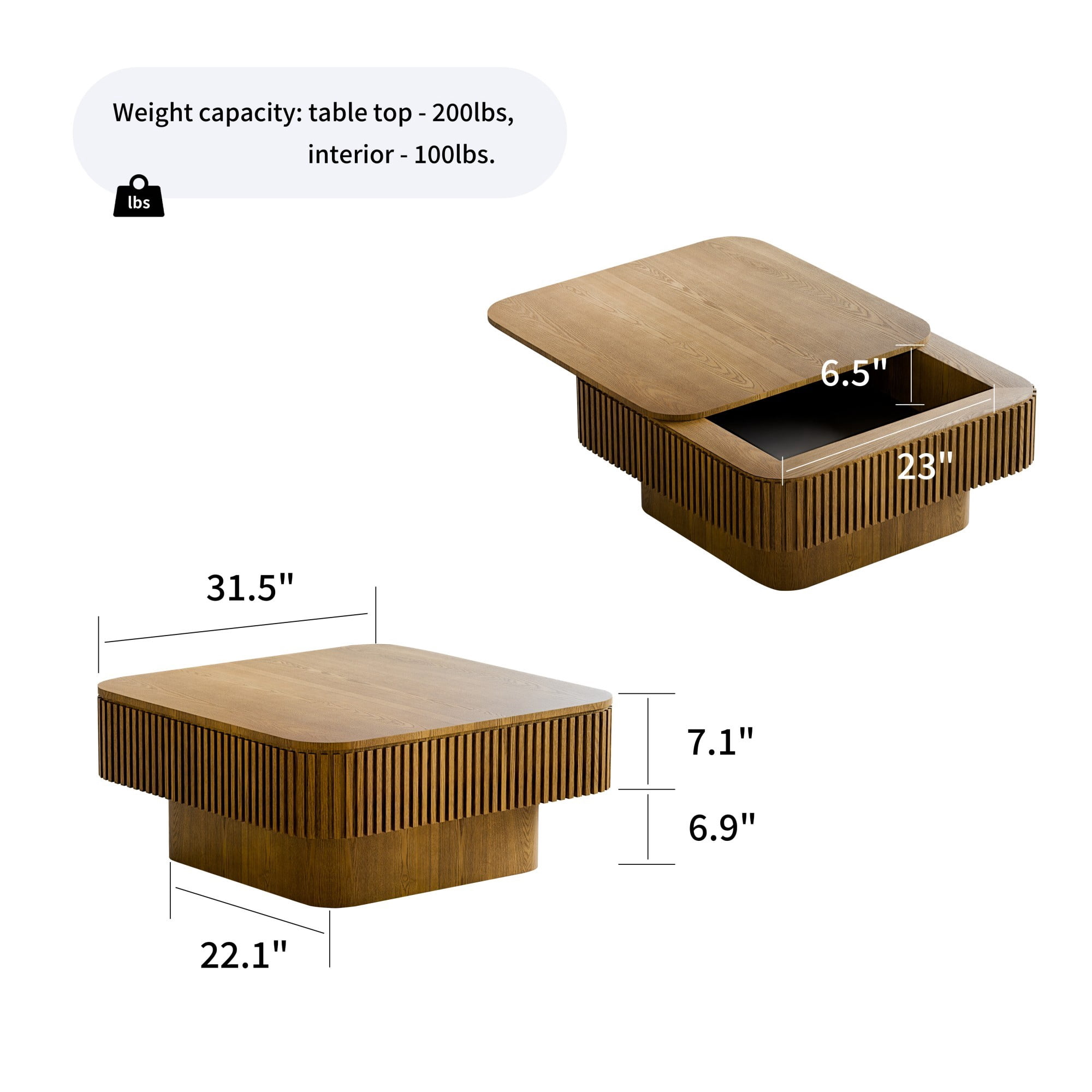 31.5" Square Coffee Table with Storage, Modern Fluted Coffee Table with Hidden Compartment, Wood Veneer Center Table for Living Room, Brown