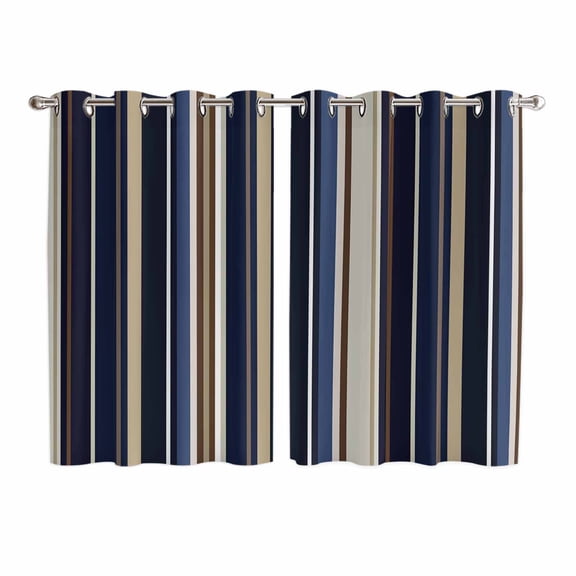 Blue and Brown Geometric Stripe Pattern Kitchen Curtains 63 Inch Length, Grommet Top Bedroom Living Room Curtains, Light Filtering Cafe Curtain Drapes 2 Panels Set 104''x63''