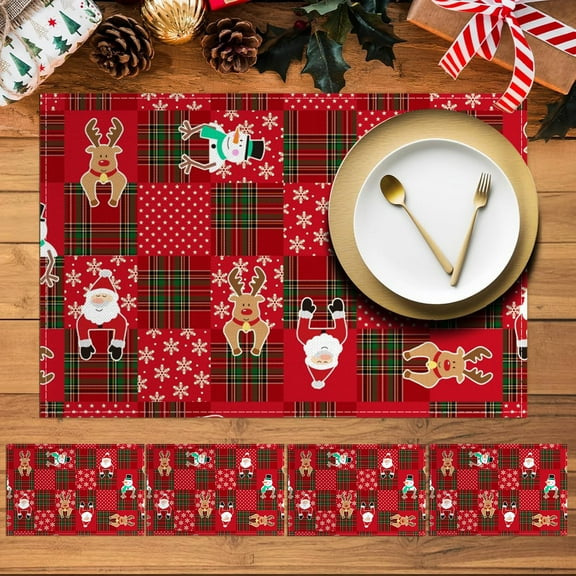 MIZHONA Christmas Placemats Set of 4,Red Buffalo Plaid Linen Table Mats for Table Decorations 12x18 in