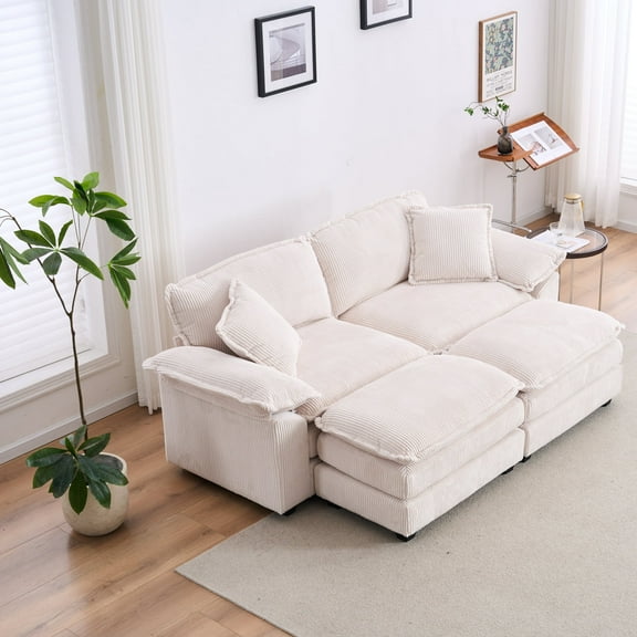 Modern Corduroy Convertible Sofa Loveseat, 2 Seaters Small Couch Love Seat With Movable Ottomans and Pillows For Living Room Apartment Bedroom