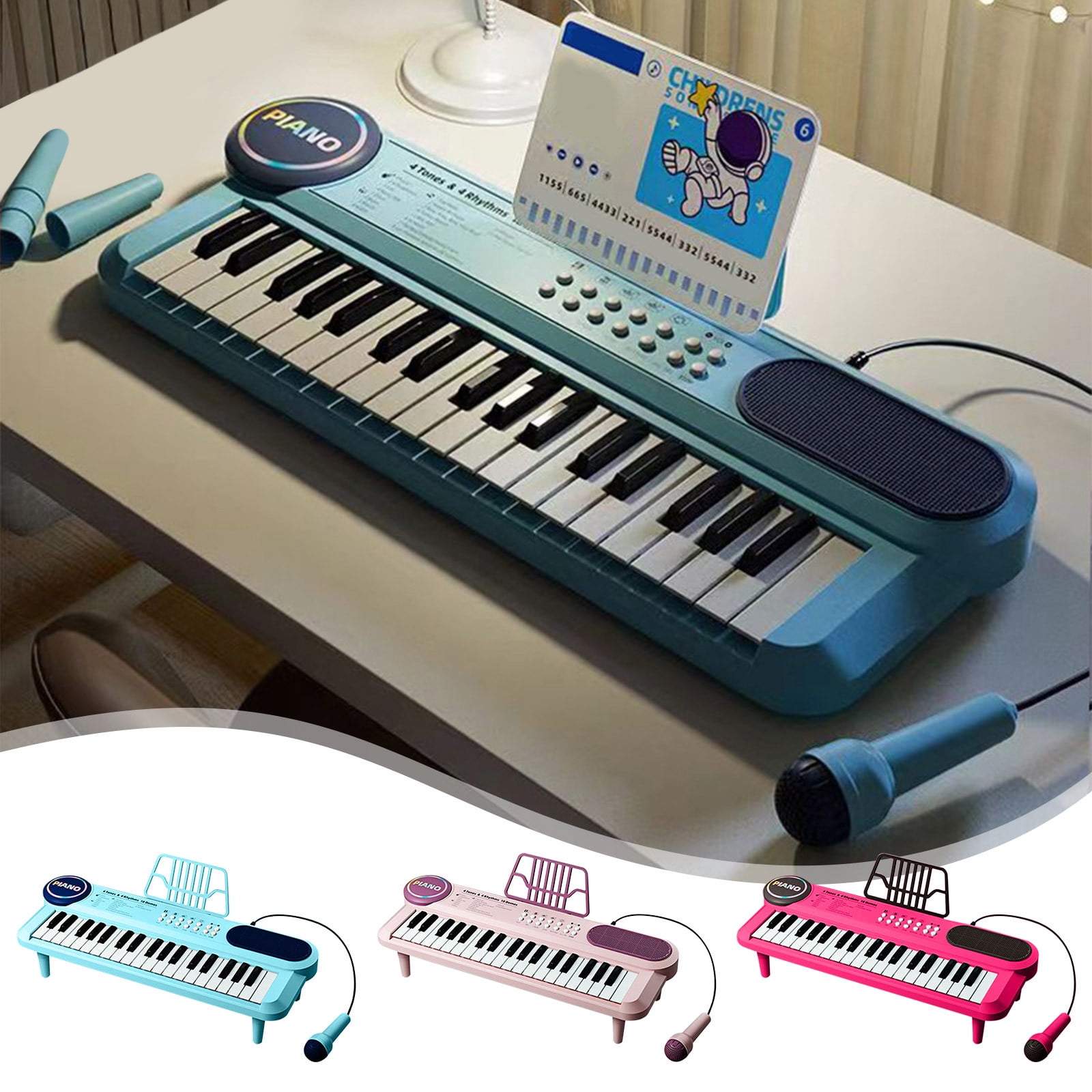 Piano Jouet 37 Touches Avec Microphone – Instrument éducatif Pour Enfants De 2 à 6 Ans, Effets Sonores, Rythmes, Enregistrement, Autocollants DIY (Bleu)