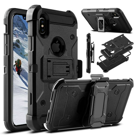 ELEGANT CHOISE iPhone X Case, 4 in 1 [Swivel Belt Clip] with [Kickstand] Heavy Duty Hybrid Dual Layer Rugged Combo Holster Case Cover for iPhone 10