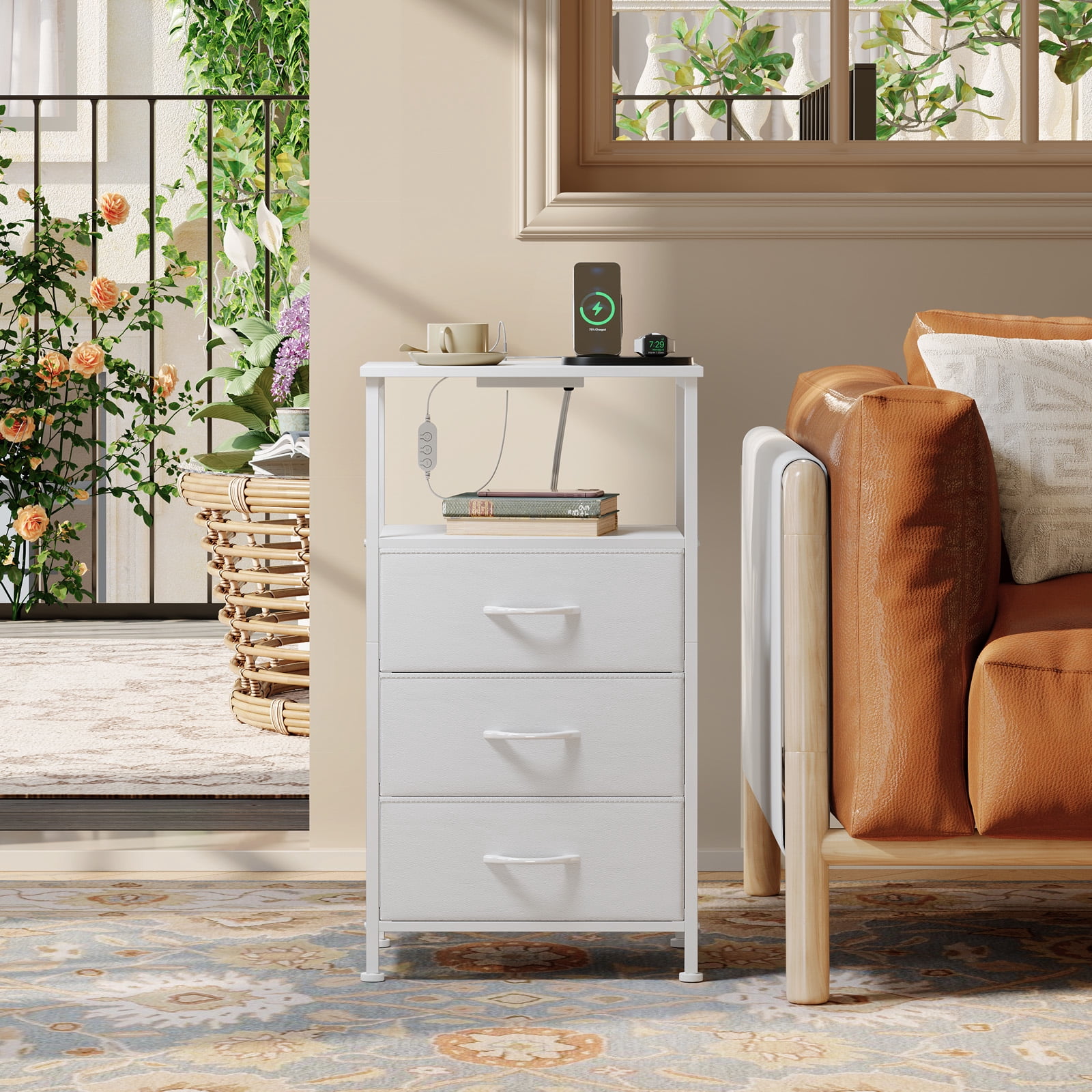 Eunos White Small Nightstand with Charging Station, 3 Drawer Bedside Table Set of 2 for Bedroom, Living Room