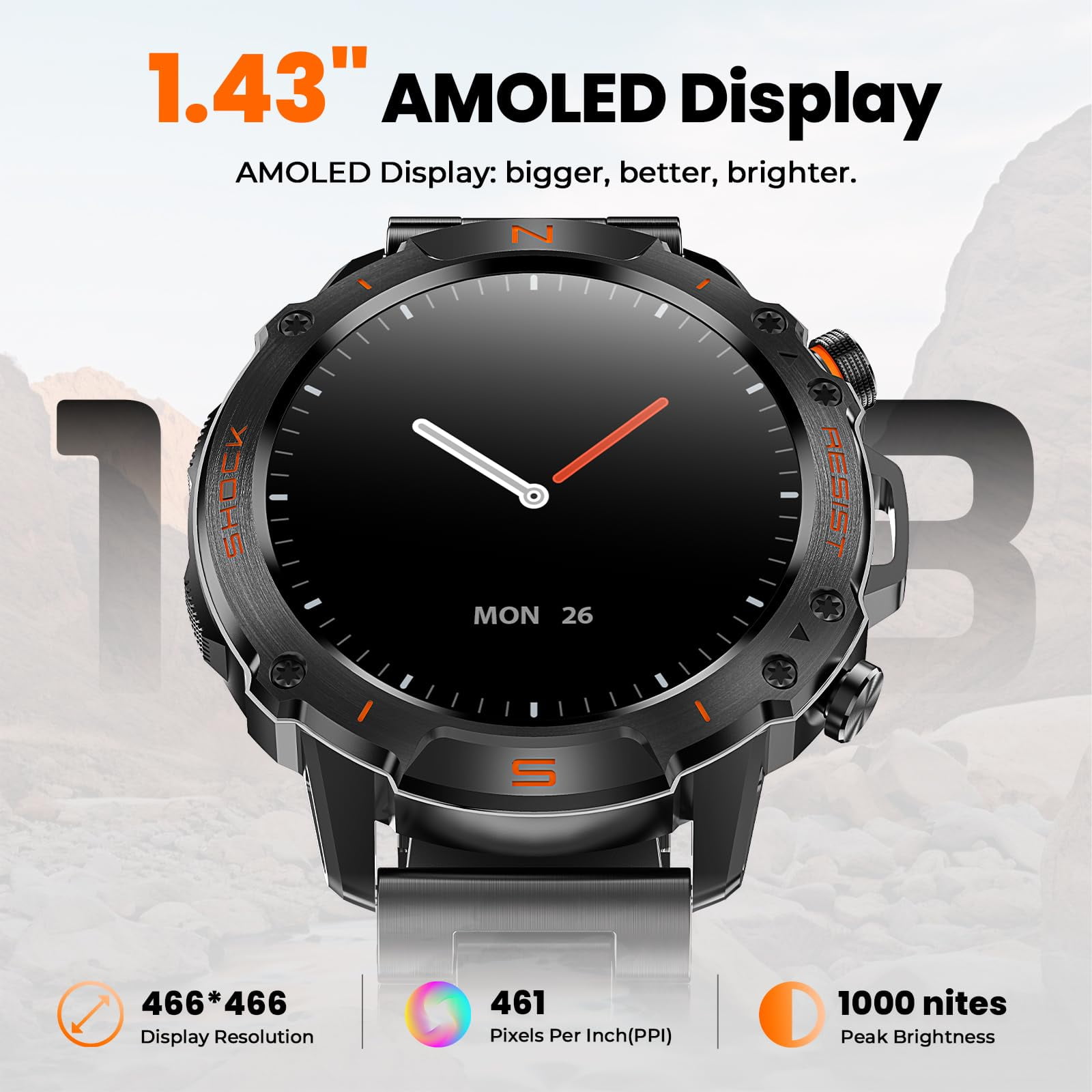WalkerFit Smart Watch for Men, 1.43" Round AMOLED, 5ATM Waterproof, Long Battery, for iPhone Android, Stianless Steel Strap