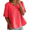 thumbnail image 5 of Bxsruta Cotton Linen Embroidered V Neck Blouse Casual Loose Short Sleeve Pullover Top for Women, 5 of 8