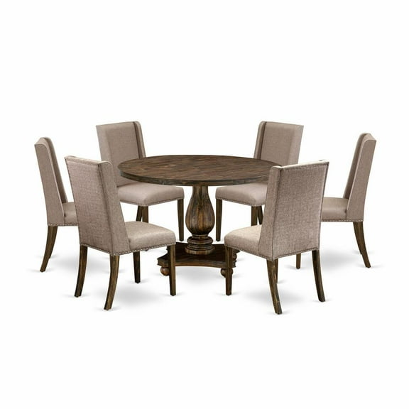 East West Furniture 7 Piece Dining Table Set Contains a Dining Table and 6 Dark Khaki Linen Fabric Dining Room Chairs with High Back - Distressed Jacobean Finish