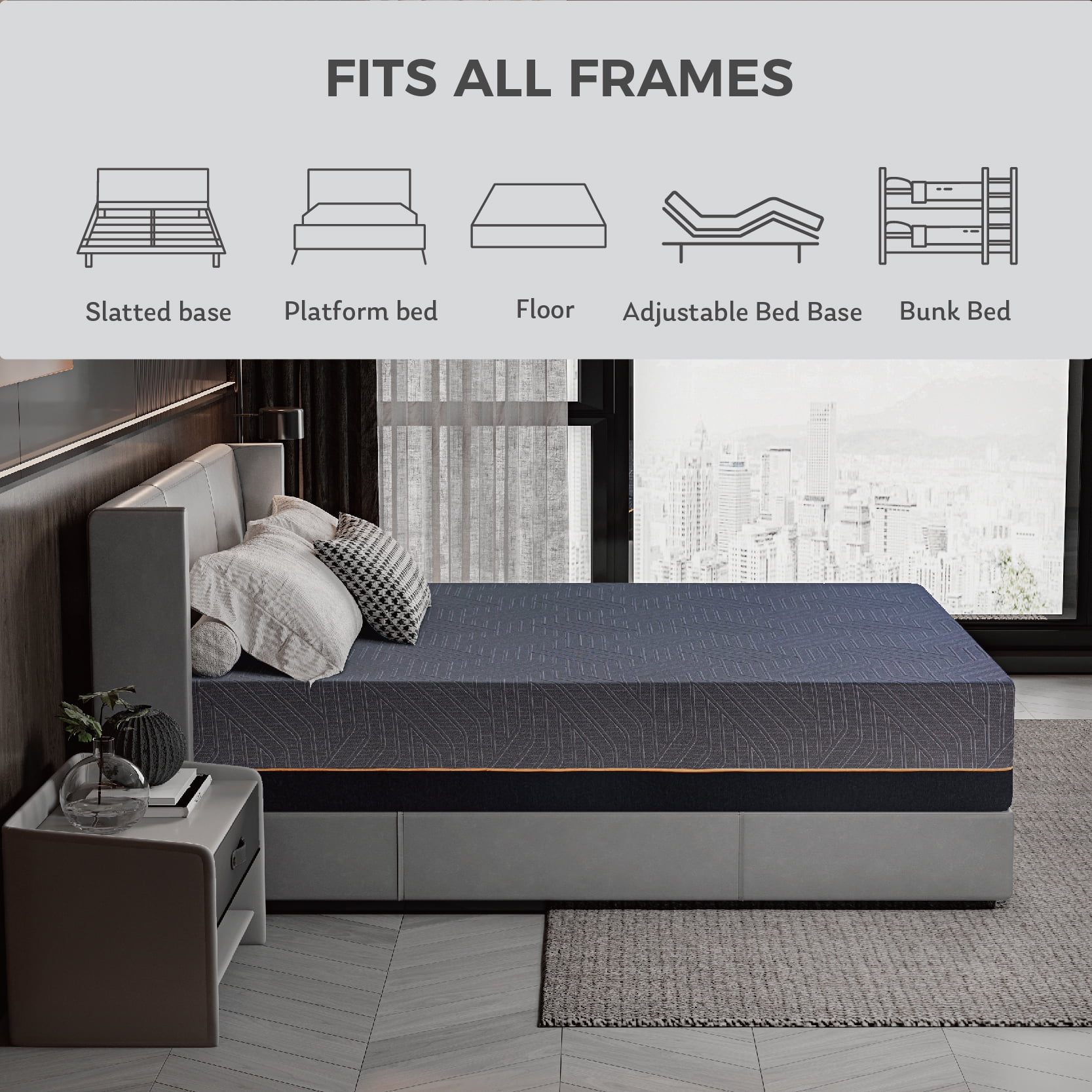 EGOHOME Ego Black 14 inch Queen Memory Foam Mattress, Gel Mattress in a Box, Medium Firm