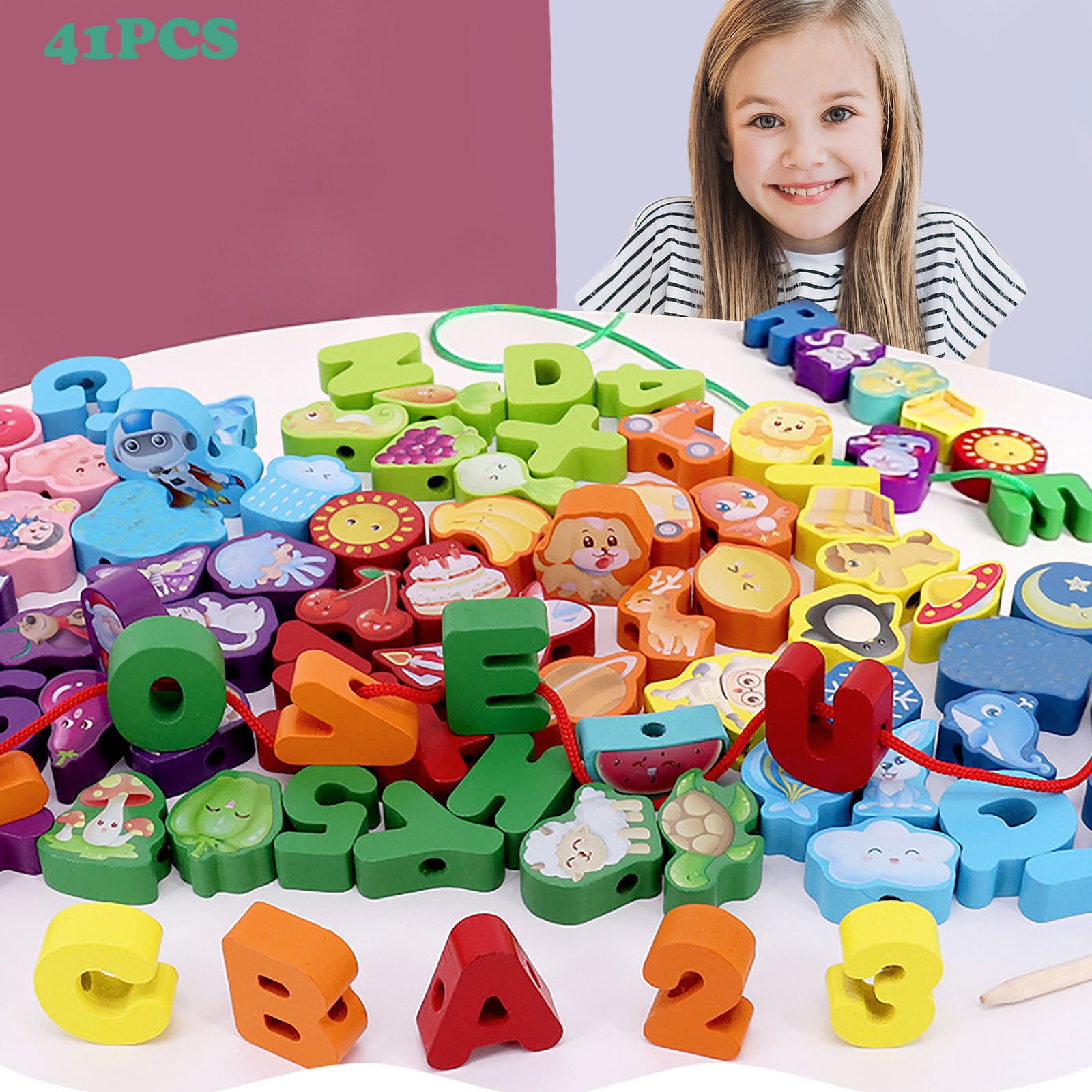 Child Kindergarten Wooden Jigsaw Puzzle Beads Threading 2-in-1 Set Toy Playset 