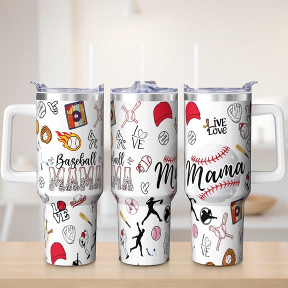 Cute baseball tumbler 40 oz tumbler with handle and straw 304 stainless steel travel cup coffee mug water bottle suitable as a gifts for women mom gifts gift for baseball lovers