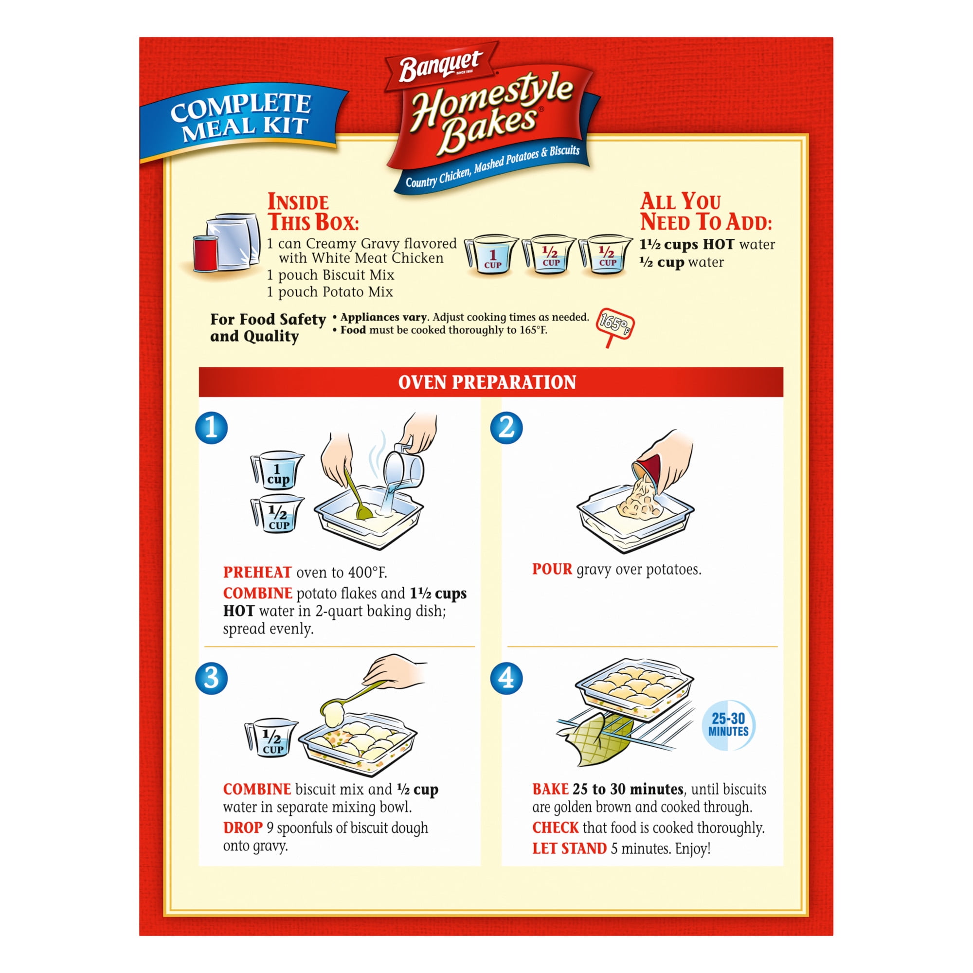 Banquet Homestyle Bakes Country Chicken, Mashed Potatoes and Biscuits, 6g Protein per Serving, Meal Kit, 30.9 oz.