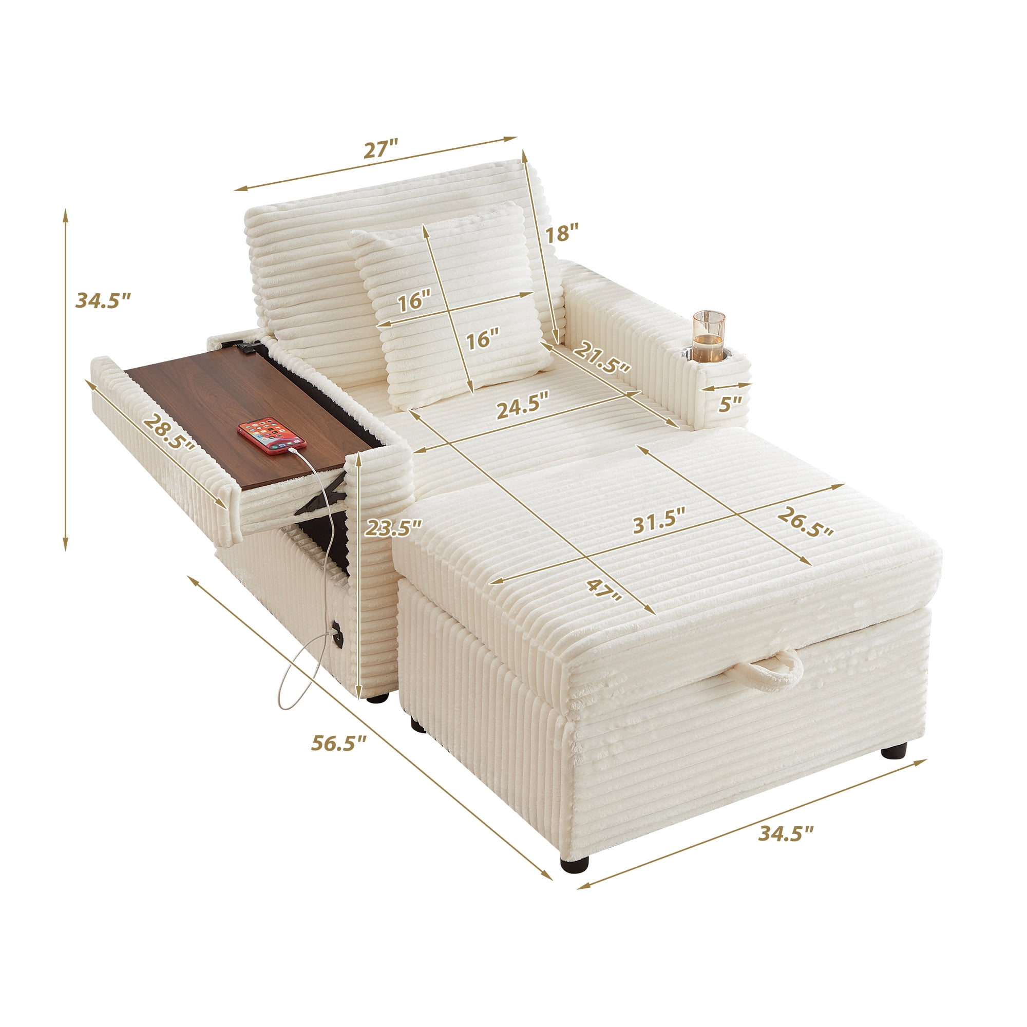 34.5" Soft Chaise Lounge Accent Chair Set with Ottoman, Table Board and Cup Holder
