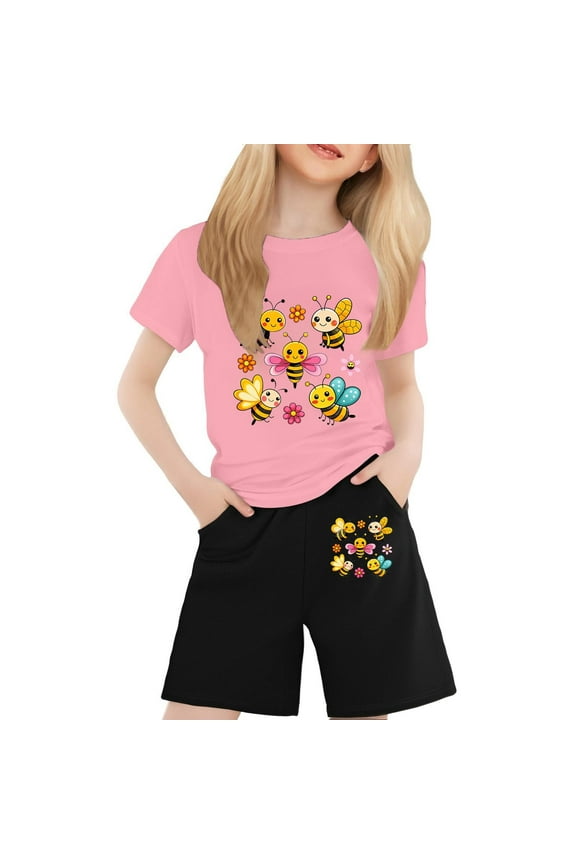 Toddler Girls Clothes Set Cartoon Bee Graphic Short Sleeve T Shirts Shorts Outfits for Kids, Sizes 12-13 Years