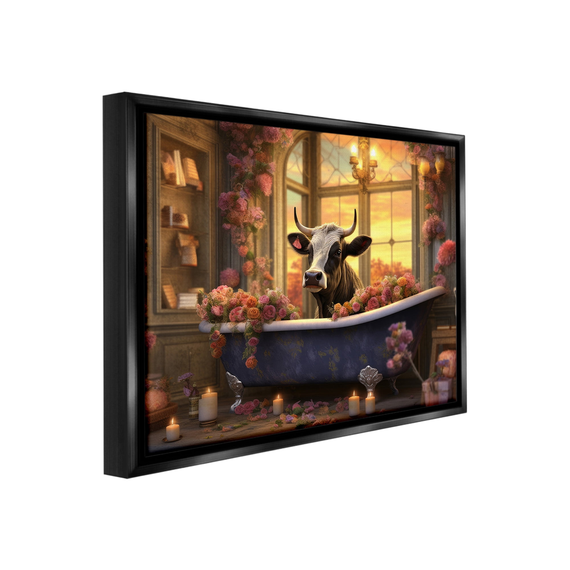 Stupell Industries Bathing Cow at Sunset Animals & Insects Painting Black Floater Framed Canvas Art Print Wall Art, 21 x 17