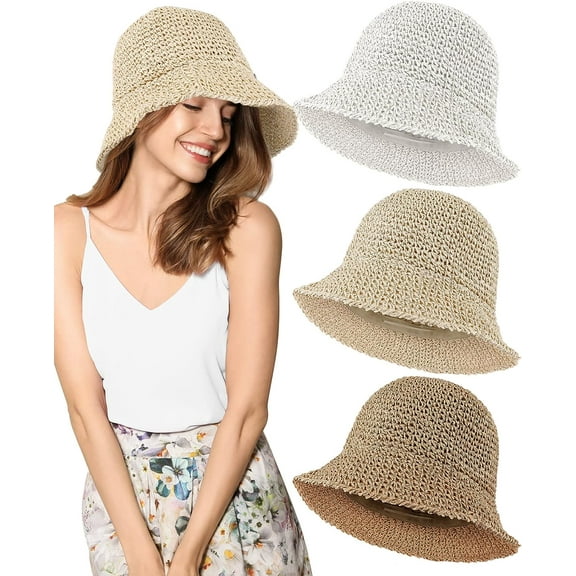 Womens Straw Sun Hat Woven Bucket Hat Fishing Hat Beach Hat Foldable Cap Solid Color Straw Beach Hat Summer