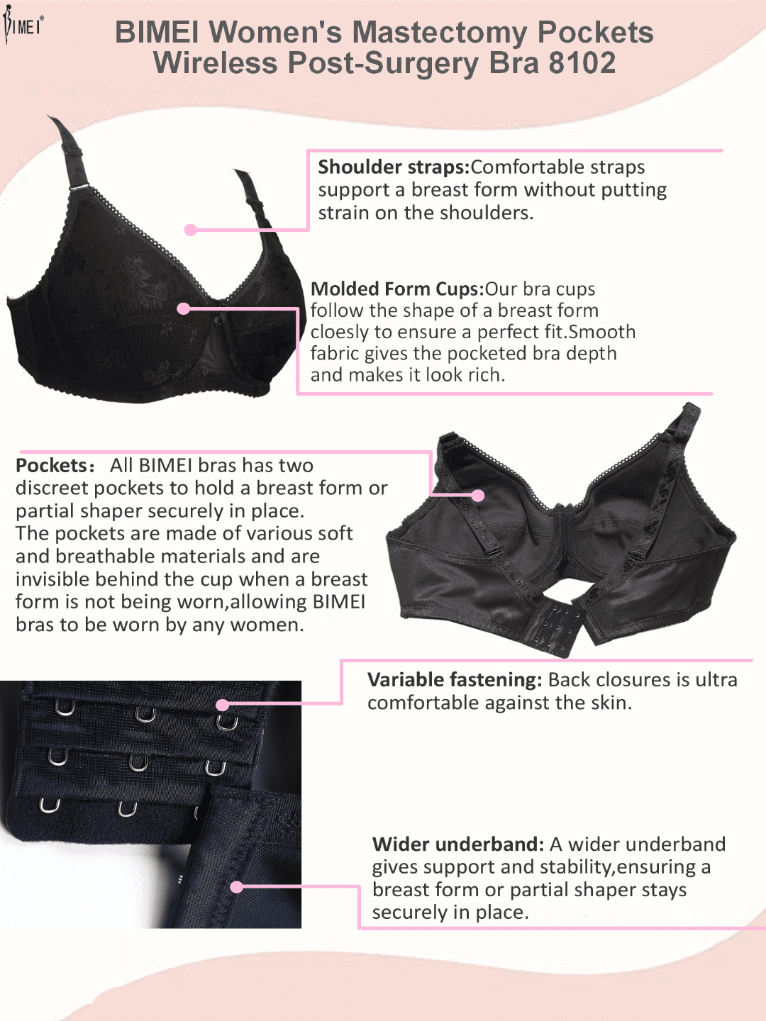 BIMEI Women's Mastectomy Bra Pockets Wireless Post-Surgery Invisible  Pockets for Breast Forms Everyday Bra Plus Size Bra 9818,Black, 34B 