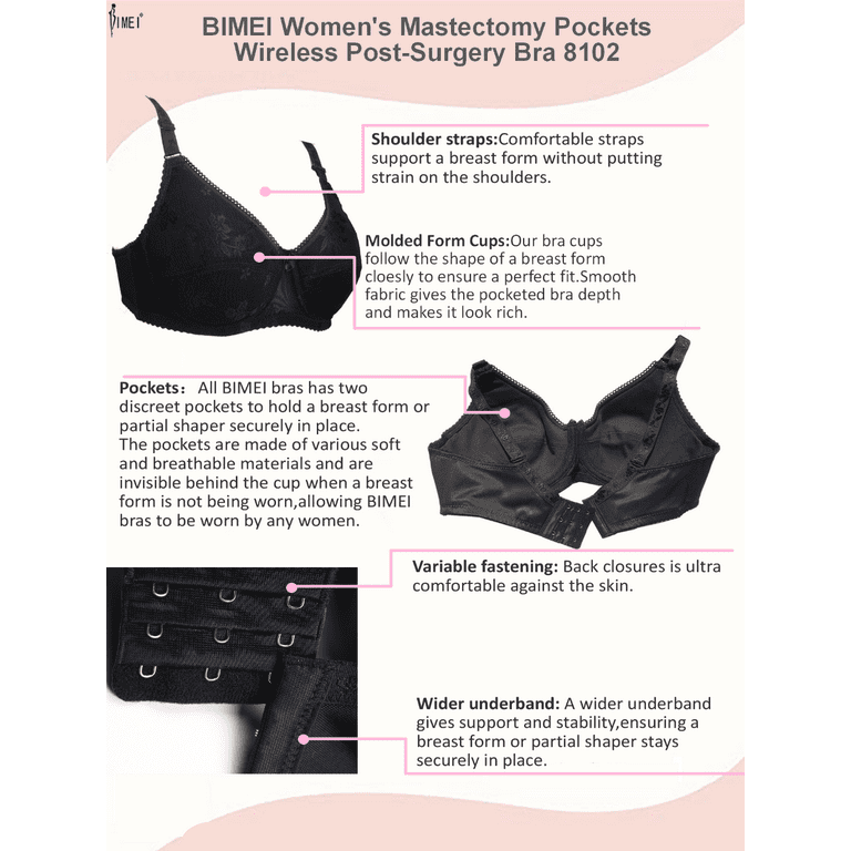 BIMEI Mastectomy Bra with Pockets for Breast Prosthesis Women's Full  Coverage Wirefree Everyday Bra plus size 8102,Black,46C