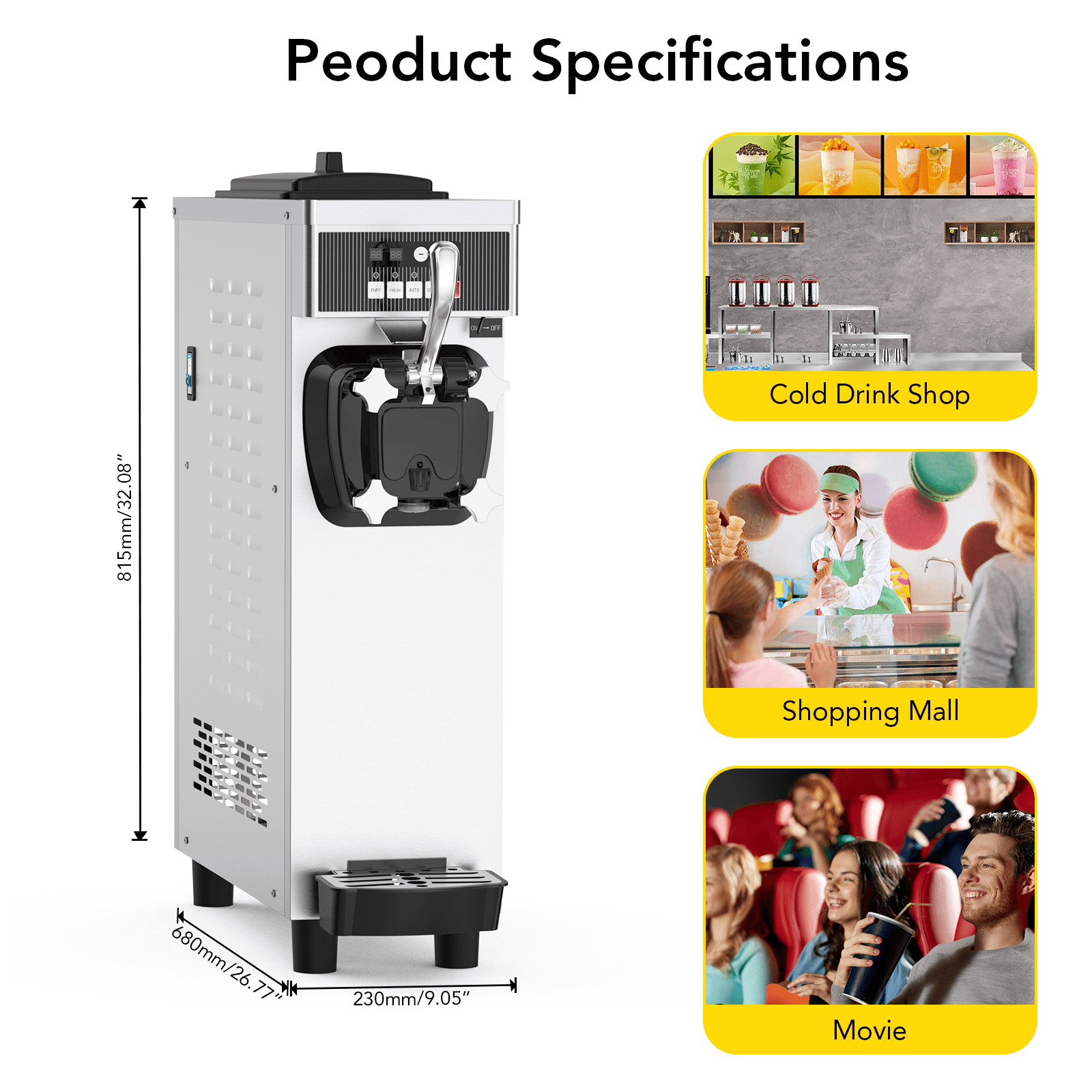 Senfot Metal Countertop 1-Head Soft Serve Ice Cream Machine, 115V 60Hz Commercial Ice Cream Maker for Snack Bar Silver