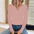 thumbnail image 2 of YOUSNH Women's Autumn/Winter Solid Color Jacquard Seamless V Neck Three Button Long Sleeve T Shirt Top Womens Tops 2024 Pink XXL, 2 of 4
