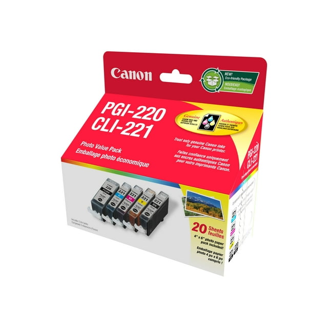 Paquete combinado de tintas Canon PGI-220/CLI-221 con papel fotográfico 4x6