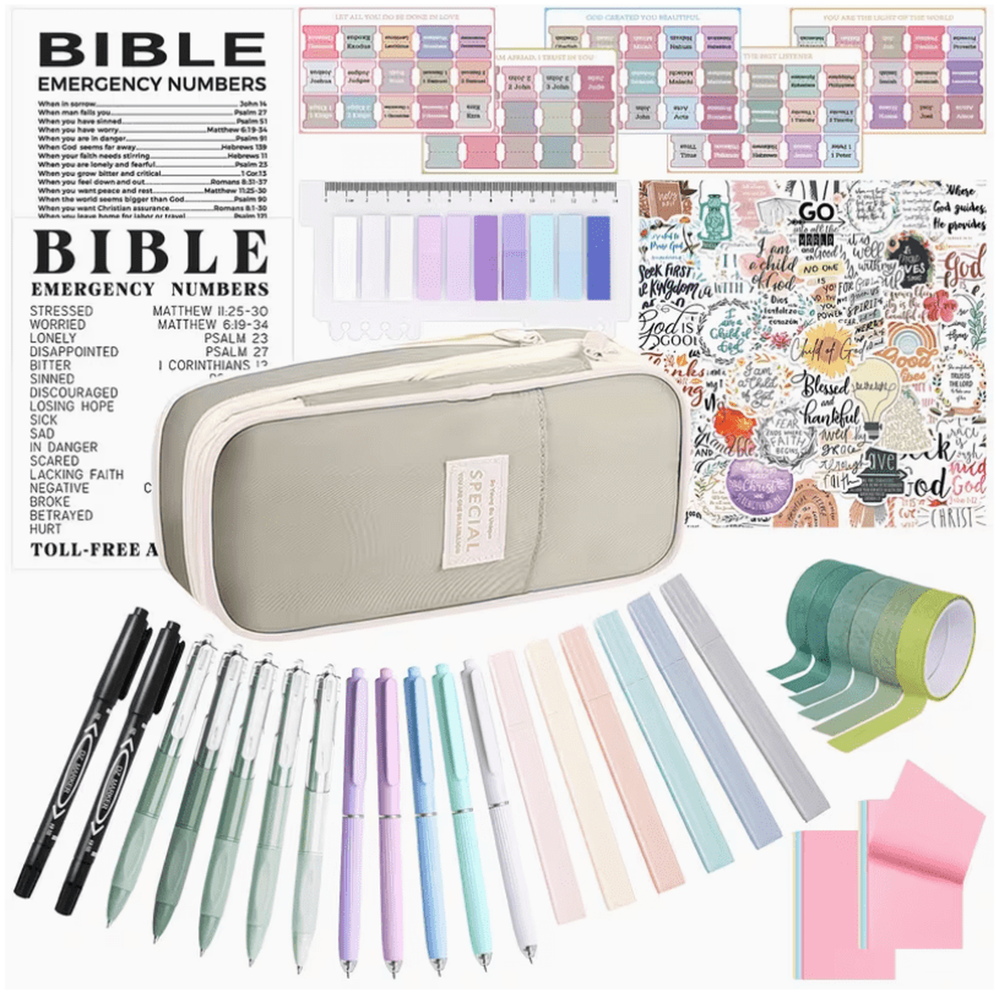 Bible Study Supplies Journaling Kit for Women Bible Study Kit Includes Prayer Journal Emergency Card Highlighters Tabs & More for Journaling. Great for Christian Gifts Scripture Study