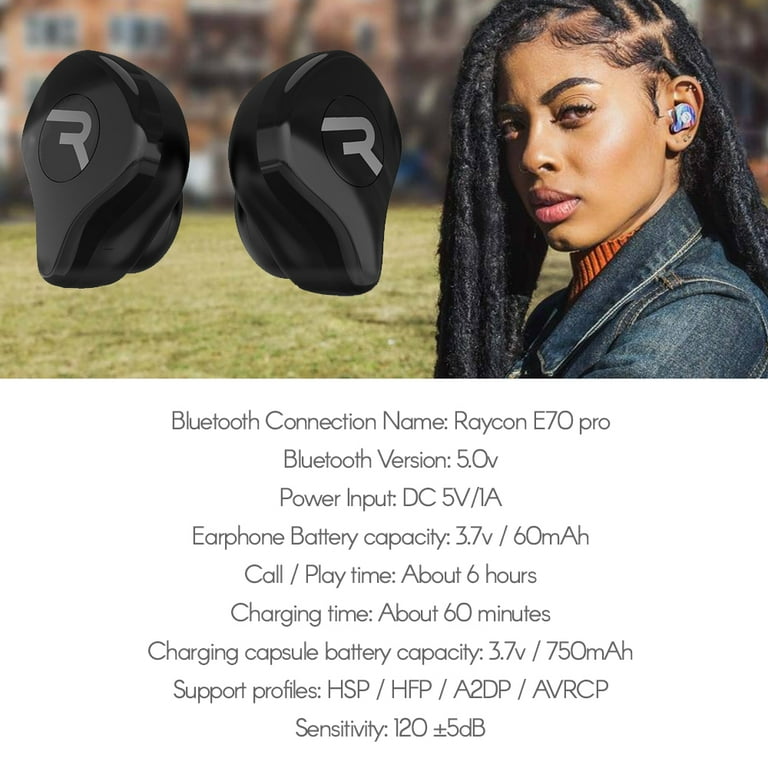 Raycon E70 Pro Best True Wireless Earbuds with Built in Mic and Charging Case Bluetooth Headphones for iPhone Samsung iPad Android Black Pure