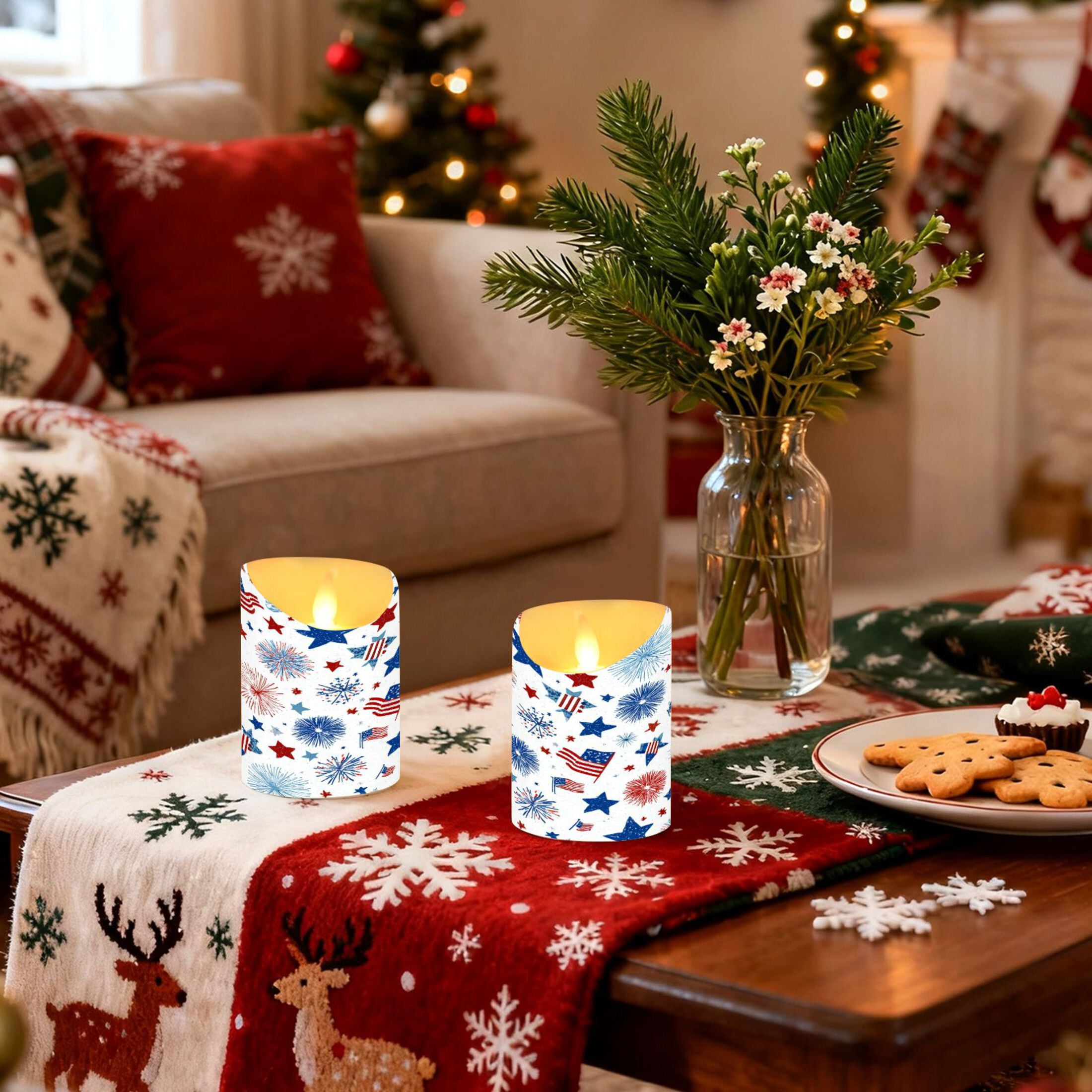 2 PCS Tilted Flameless Candles Flickering LED Lights Battery Operated Candles with Remote Timers for Holiday Decor Fireworks and Flag