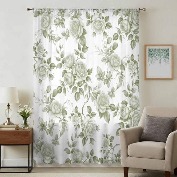 Sage Green Flower Sheer Curtains 84 Inches Long, Vintage Country Rose Leaf Floral Light Filering Curtains, Breathable Simi Curtain Privacy Drapes for Living Room Bedroom Lightweight Window Treatment