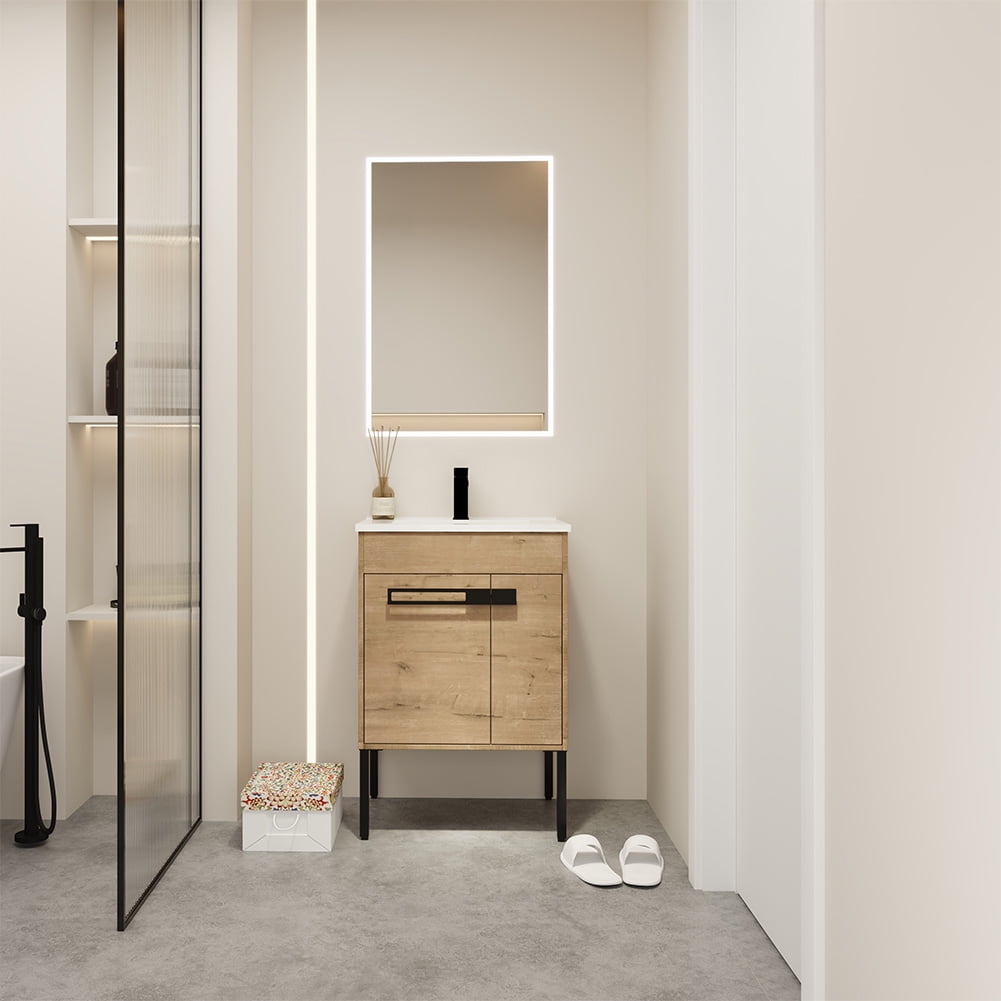 24" Bathroom Vanity with Sink Combo Bathroom Vanity Ceramic Single Basin Set with Doors Adjustable Shelves for Bathroom, Oak 24"